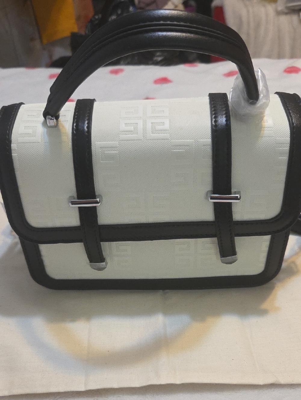 Cream and Black Top-Handle Satchel